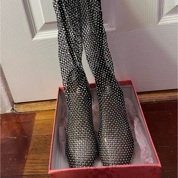Ego Official Multi Colour Diamanté Fishnet Over The Knee Thigh High Black Boots - Picture 8 of 10